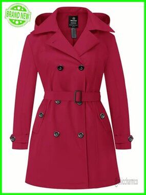 Plus Size Waterproof Trench Coat with Hood Double Breasted Belted Overcoat